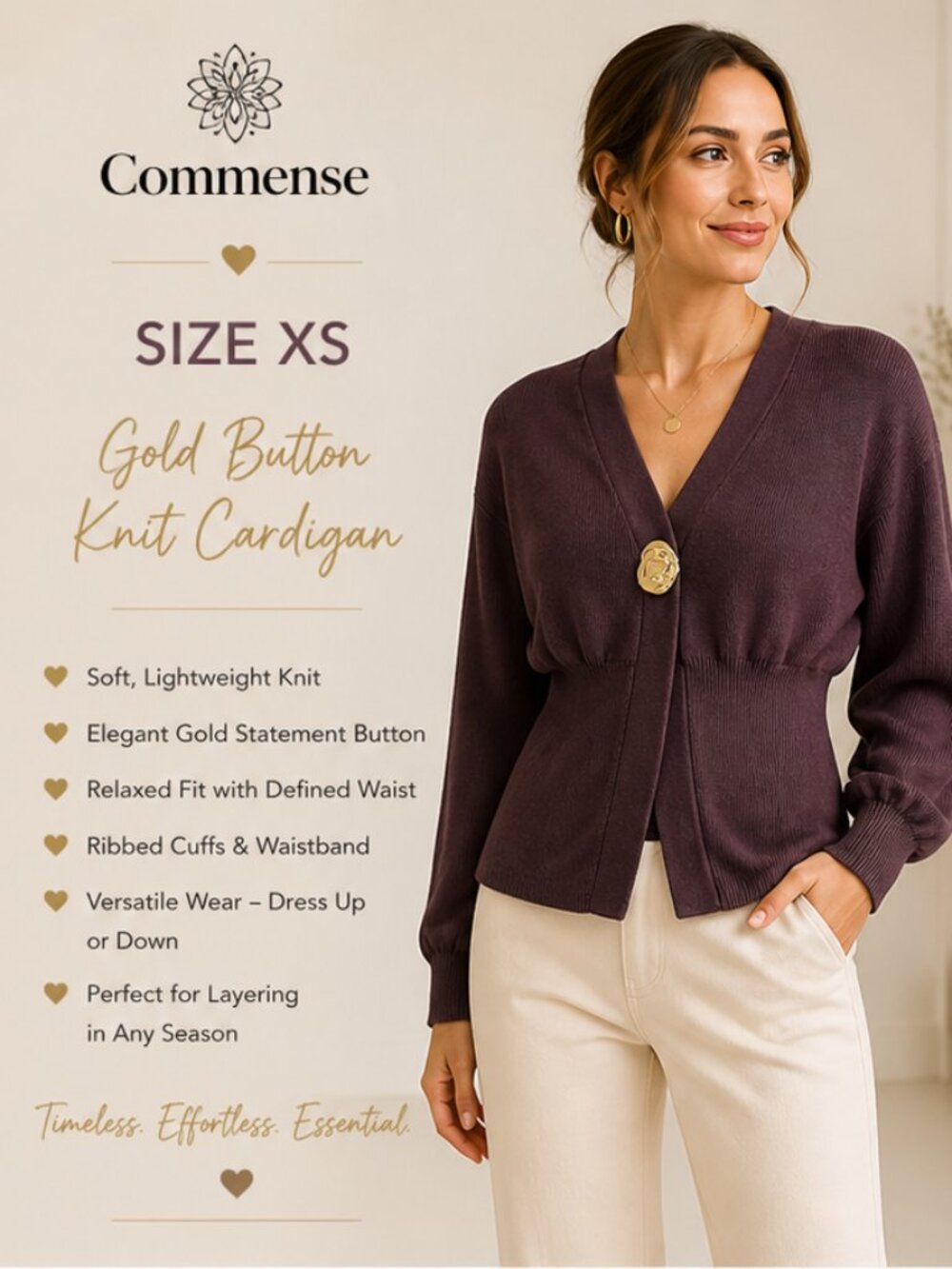 Commense Cardigan Brown Gold Button Knit Sweater XS